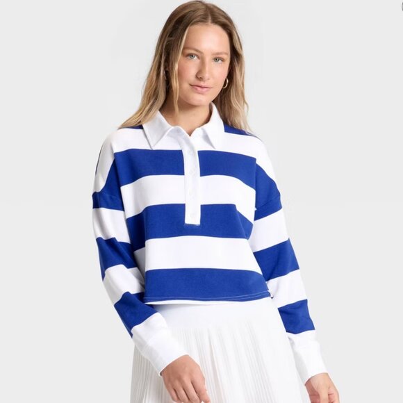 Women's Game Day Striped Cropped Long Sleeve Polo T-Shirt - JoyLab™ - Large - Picture 1 of 4